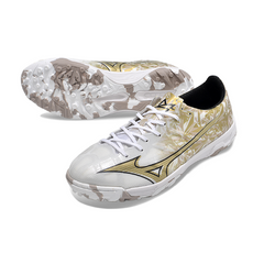 Chuteira Society Mizuno Alpha TF Branca e Dourada - VENI Futebol