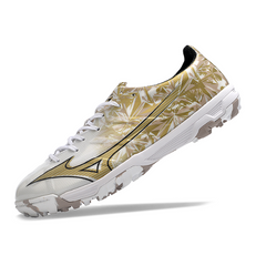 Chuteira Society Mizuno Alpha TF Branca e Dourada - VENI Futebol