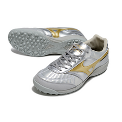 Chuteira Society Mizuno Morelia Neo 4 TF Prata e Dourada