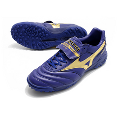 Chuteira Society Mizuno Morelia Sala Classic TF Azul Escuro e Dourado - VENI Futebol