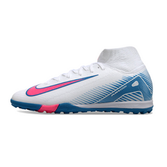 Botas de fútbol Nike Zoom Mercurial Superfly 10 Elite TF en blanco, azul claro y rosa.