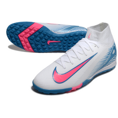 Botas de fútbol Nike Zoom Mercurial Superfly 10 Elite TF en blanco, azul claro y rosa.