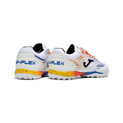 Chuteira Society TF Joma Top Flex Branca, Laranja e Azul
