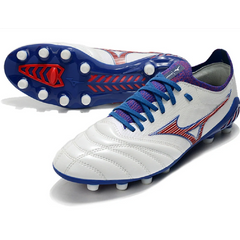 Chuteira Campo FG Mizuno Morelia Neo III Pro Branca Azul and Vermelha