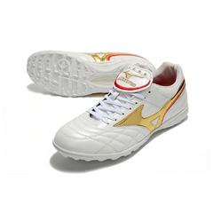 Chuteira Society TF Mizuno Wave Cup Branca e Dourada