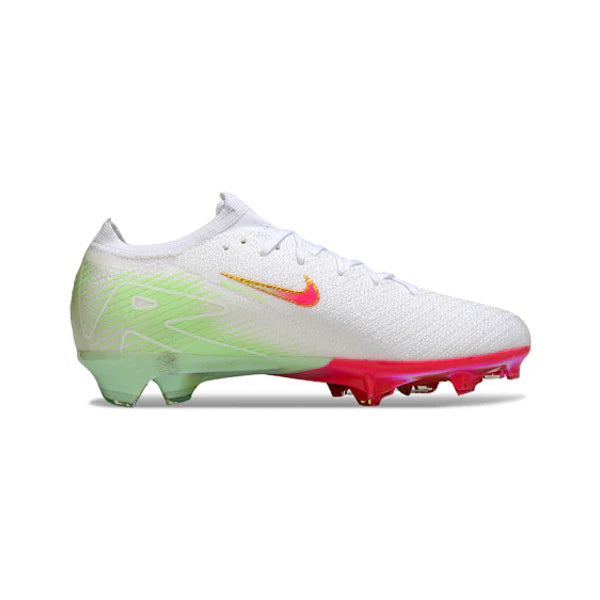 Chuteira Campo FG Nike Air Zoom Mercurial Vapor 16 Elite Branca, Rosa e Verde Infantil