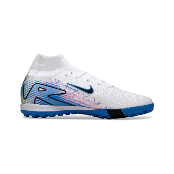 Chuteira Society TF Nike Zoom Mercurial Superfly 10 Elite Infantil Branca e Azul