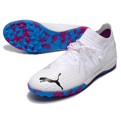 Chuteira Society TF Puma Future Z 1.3 Branca, Rosa e Azul
