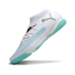 Chuteira Society TF Puma Future 8 Branca e Azul-Clara