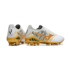 Chuteira Campo FG Mizuno Morelia Neo III Elite Sergio Ramos Branca Dourada and Preta