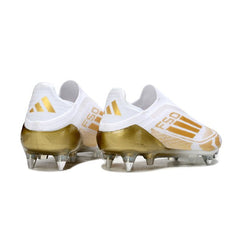 Chuteira Campo Molhado SG Adidas F50 Elite Sem Cadarço Branca e Dourada