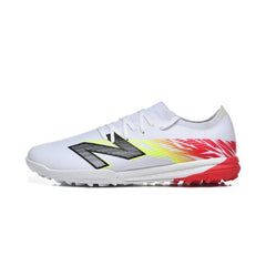 Chuteira Society TF New Balance Furon V8 Elite Branca, Amarela e Vermelha
