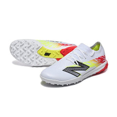 Chuteira Society TF New Balance Furon V8 Elite Branca, Amarela e Vermelha