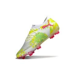 Chuteira Campo FG Puma Future 8 Cano Baixo Branca, Rosa e Amarela