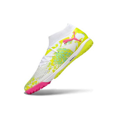 Chuteira Society TF Puma Future 8 Branca, Rosa e Amarela