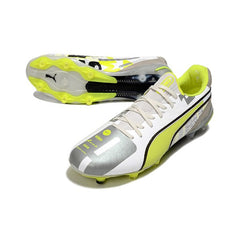 Chuteira Campo FG Puma King Ultimate Branca Cinza e Amarela