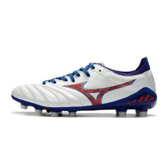 Chuteira Campo Mizuno Morelia Neo III Pro FG Branca, Azul e Vermelha