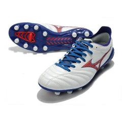 Chuteira Mizuno Morelia Neo III Pro FG Branco, Azul e Vermelho - VN Esportes