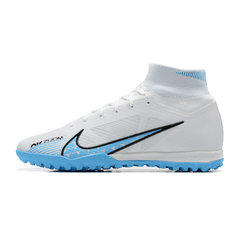 Chuteira Society Nike Zoom Mercurial Superfly 9 Elite TF Branca e Azul Claro