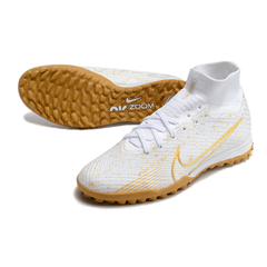 Chuteira Society Nike Zoom Mercurial Superfly 9 Elite TF Branca e Dourada - VN Esportes