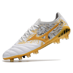 Chuteira Mizuno Morelia Neo III FG Branca,Dourada e Preta - VN Esportes