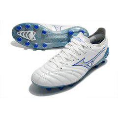 Chuteira Mizuno Morelia Neo III Pro FG Branco e Azul - VN Esportes