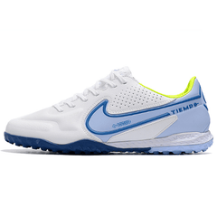 Chuteira Society Nike Tiempo Legend 9 Elite TF Branca e Azul Claro