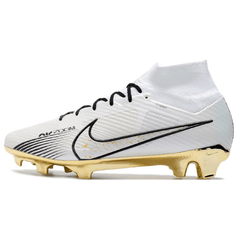 Chuteira Campo Nike Zoom Mercurial Superfly 9 Elite FG Branca, Preta e Dourada